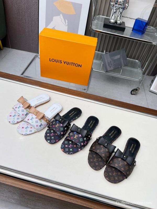 2025 Women Louis Vuitton White Multicolor Leather Slippers Monogram LY00200