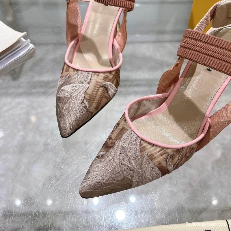 2025 Women Fendi Pink Beige Fabric Leather High Heels