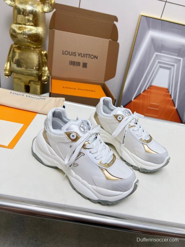 2025 Women Louis Vuitton White Gold Leather Mesh Sneakers LY00340