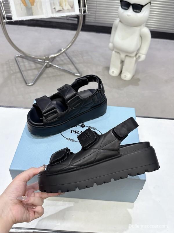 2025 Women Prada Black Leather Sandals