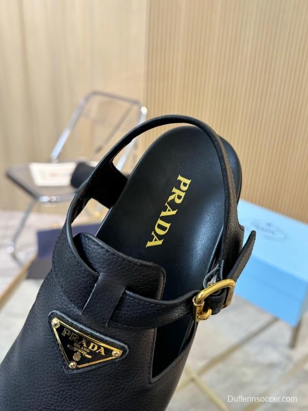 2025 Women Prada Black Leather Sandals LY00280