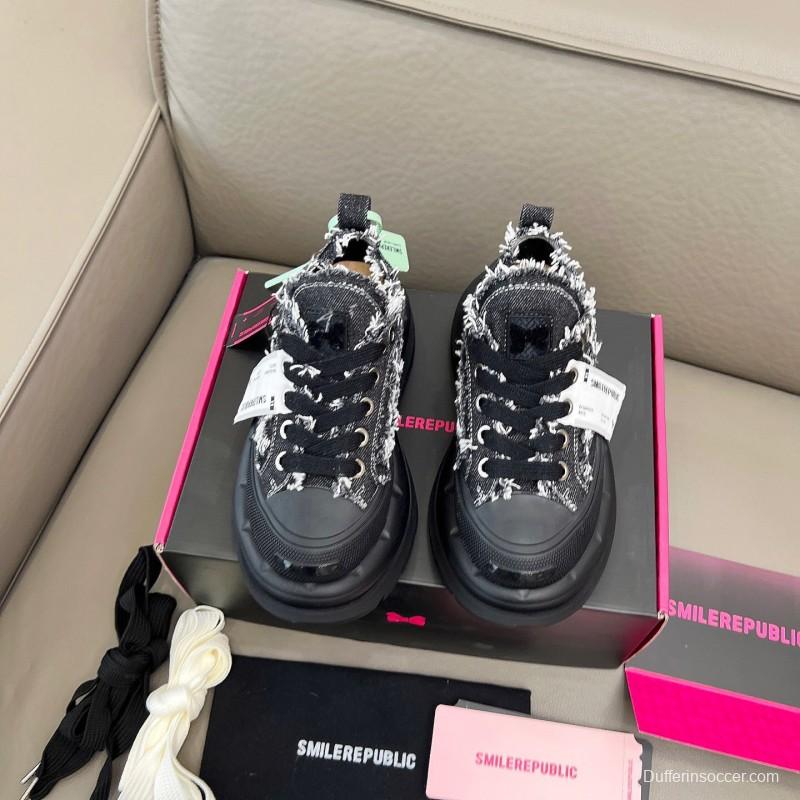 2025 Women SmileRepublic Black Tweed Leather Canvas Chunky Sneakers LY00291