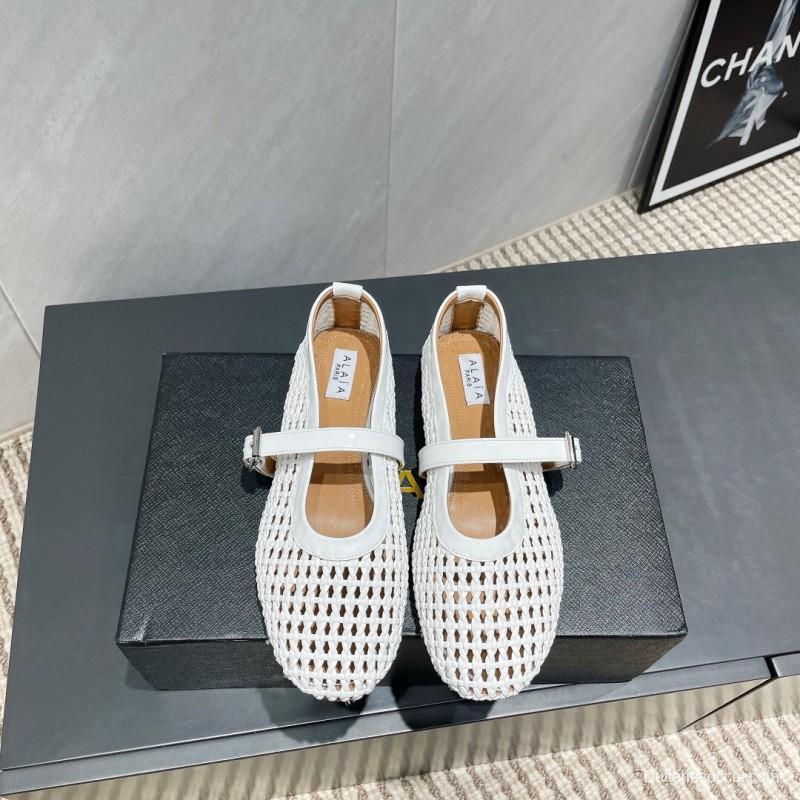 2025 Women Alaïa White Woven Leather Flat Mary Jane Shoes LY00360(F)