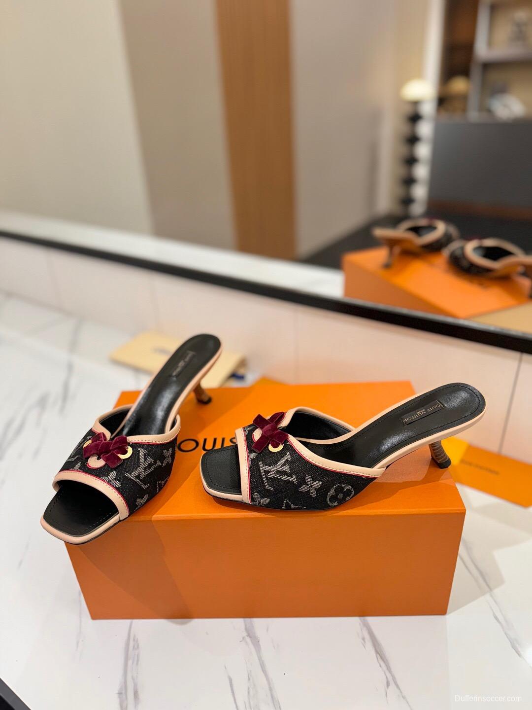 2025 Women Louis Vuitton Black Beige Canvas Kitten Heel Bow KFY00310