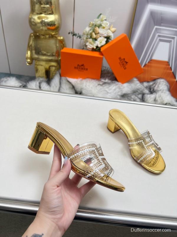 2025 Hermès Gold Leather Slippers MJ00180