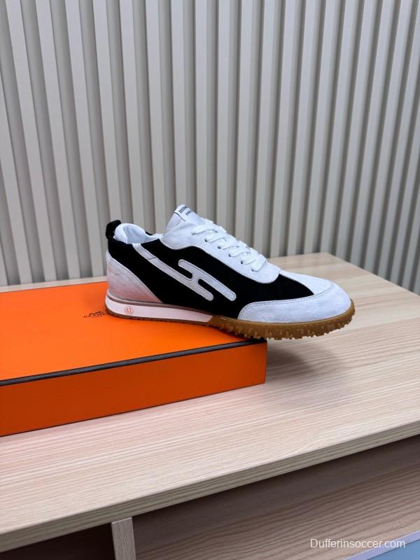 2025 Unisex Hermès White Black Suede Goat Leather Sneakers Top Version LY00310