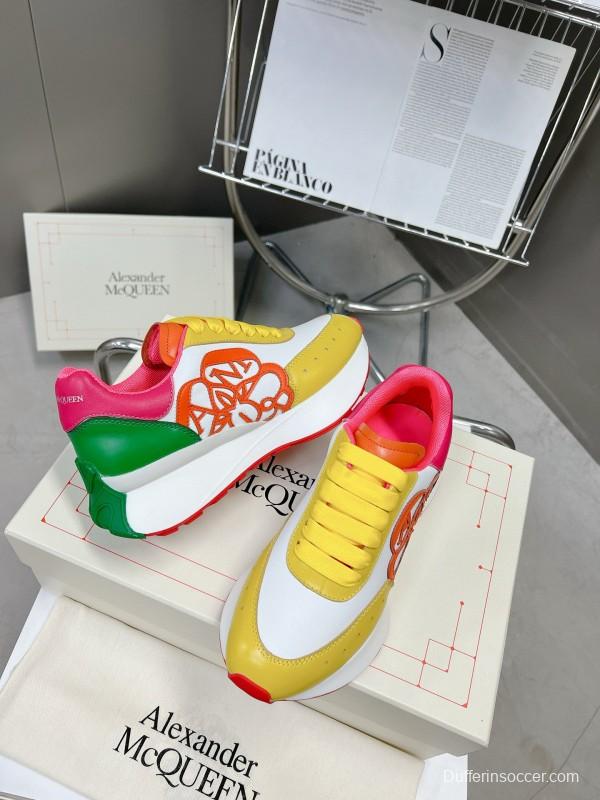 2024 Unisex Alexander McQueen Yellow Green Pink Leather Sprint Sneakers MJ00370
