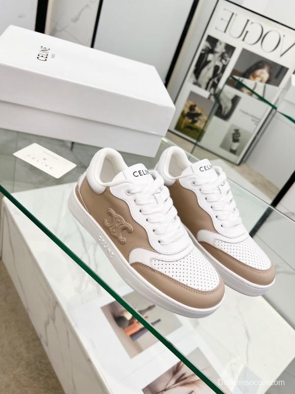2025 Women Celine White Beige Leather Sneakers BLOCK TRIOMPHE KFY00260