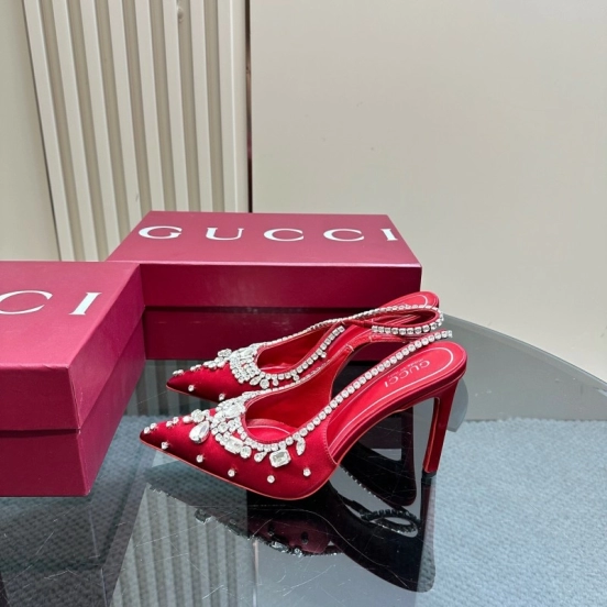2025 Women Gucci Red Silk Rhinestone Embellished Heels KFY00340