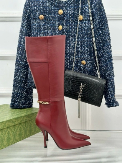 2024 Women Gucci red leather high heel knee boots