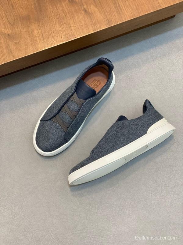 2024 Unisex Ermenegildo Zegna Grey Blue Pelletessuta Calfskin Sneakers Stretch Detail MJ00280