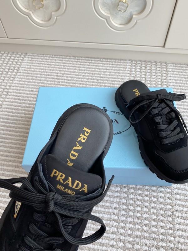 2025 Women Prada Black Nylon Leather Sneakers LY00290