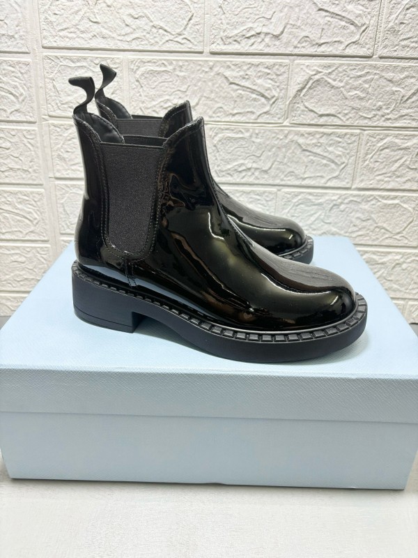 2024 Unisex Prada Black Patent Calf Leather Cowhide Leather Ankle Boots MJ00380