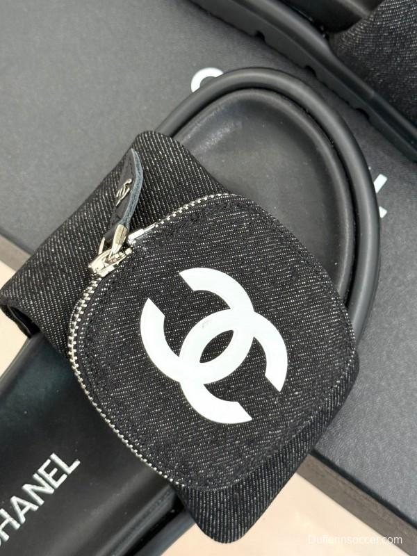 2025 CHANEL Black Fabric Slippers KFY00220