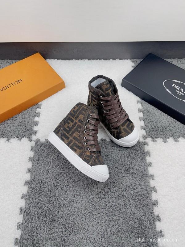 2024 Kids Fendi Brown Black Canvas High Top Sneakers