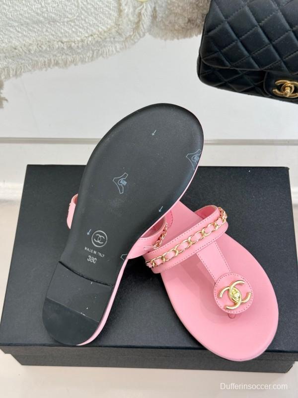 2025 Women Chanel Pink Lambskin Chain Toe Ring Sandals
