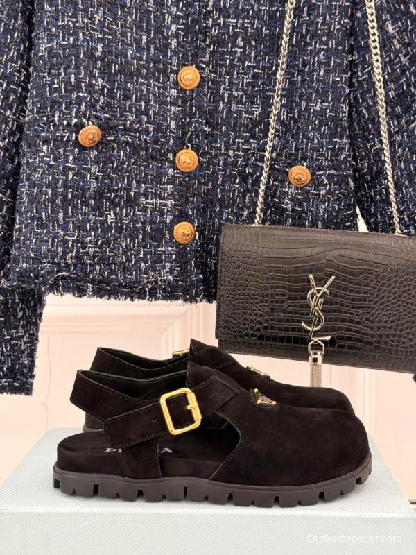 2025 Women Prada Black Suede Sandals