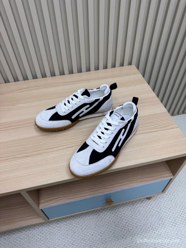 2025 Unisex Hermès White Black Suede Goat Leather Sneakers Top Version KFY00300