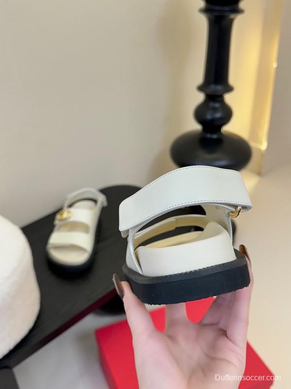 2025 Women Valentino White Leather Sandals V Buckle KFY00320