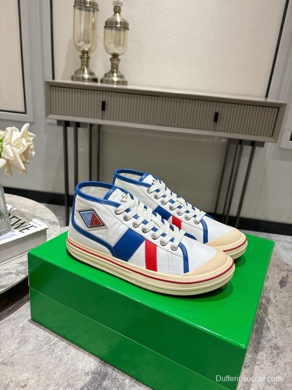 2025 Unisex Bottega Veneta White Blue Red Canvas Lambskin Sneakers Hand Painted Red Line KFY00260