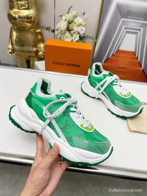 2025 Unisex Louis Vuitton Green White Leather Mesh Rubber Sneakers Monogram LY00340