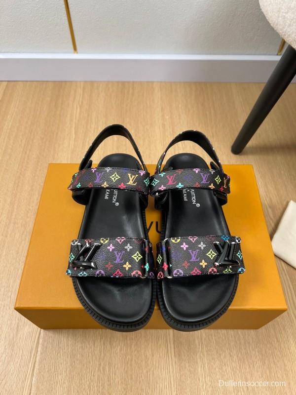 2025 Women Louis Vuitton Black Multicolor Canvas Sandals