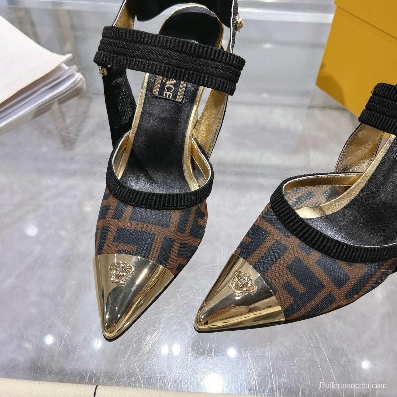2025 Women Fendi Brown Black Leather Mesh High Heels MJ00280