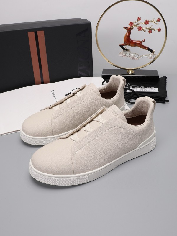 2024 Men Ermenegildo Zegna Beige Leather Low Top Sneakers MJ00240