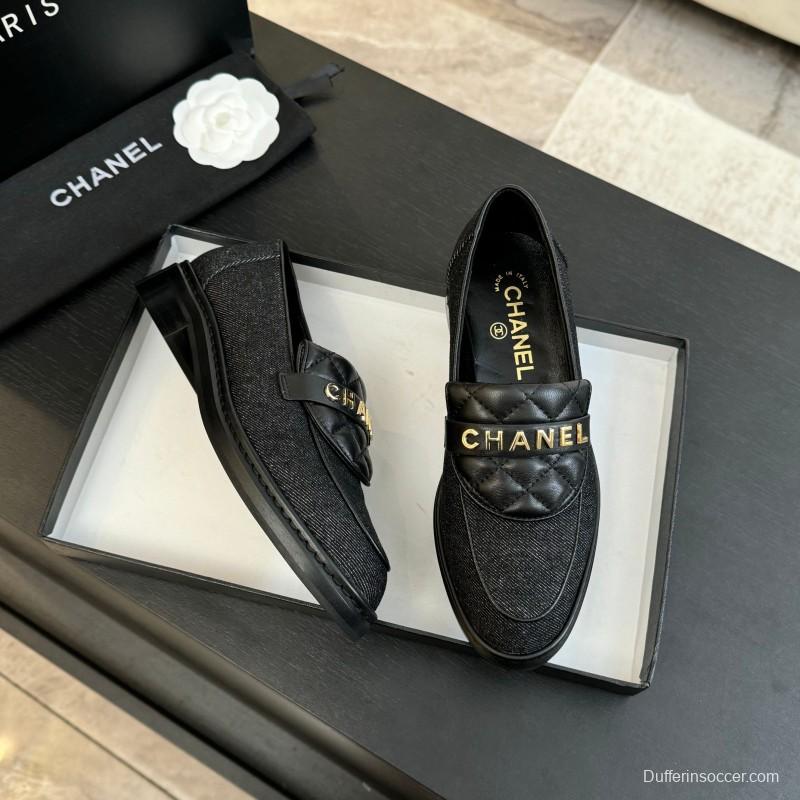 2025 Women Chanel Black Leather Canvas Loafers KFY00310