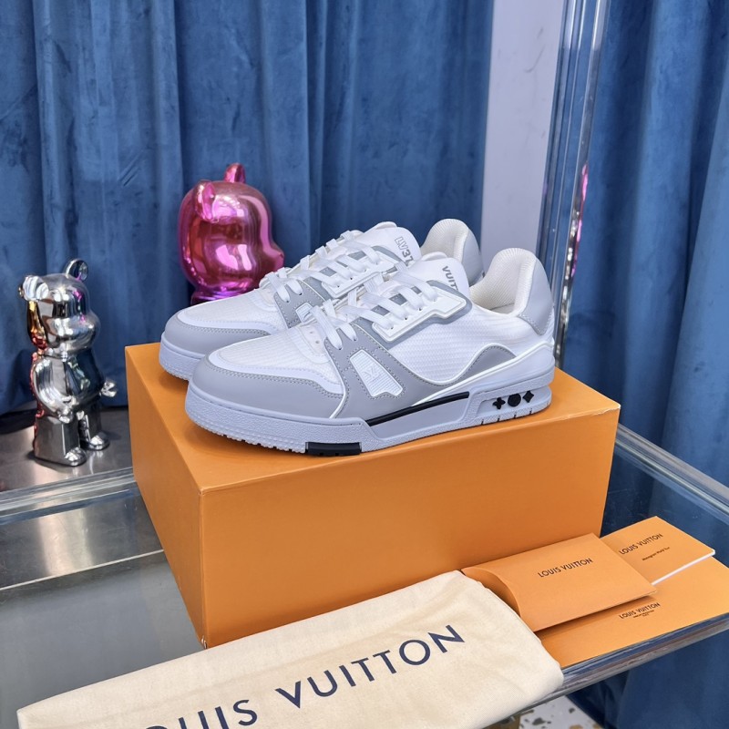 2025 Unisex Louis Vuitton White Grey Leather Mesh LV Trainer