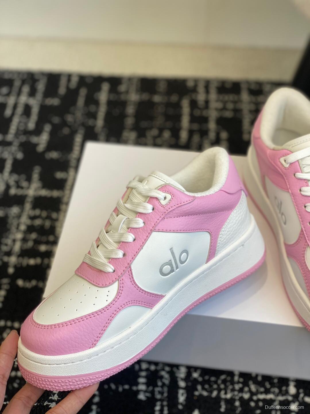 2025 Women Alo White Pink Leather Sneakers KFY00280