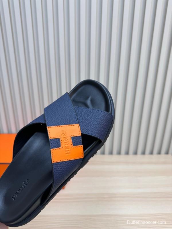 2025 Slippers Hermès Navy Orange Leather Cross Strap
