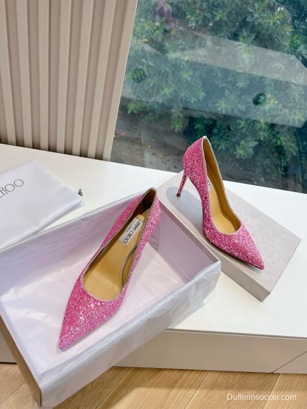 2025 Women Jimmy Choo Pink Glitter Leather High Heels KFY00280