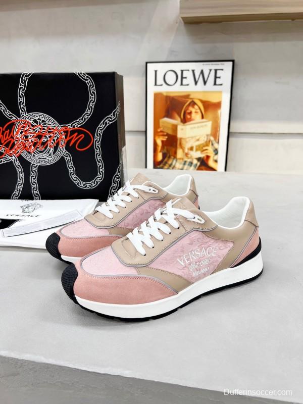 2025 Women VERSACE Pink Beige Suede Leather Sneakers Embroidery LY00320
