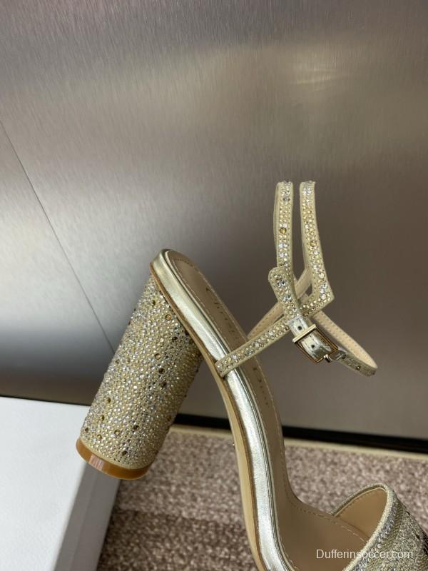 2025 Women Dior Gold Crystal Embellished Leather Sandals KFY00320