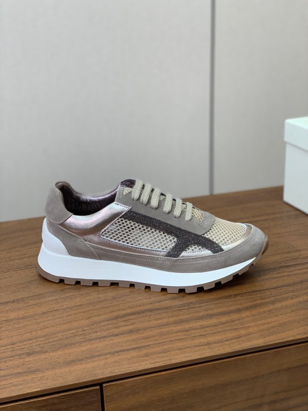 2025 Women Brunello Cucinelli Beige Brown Mesh Leather Sneakers