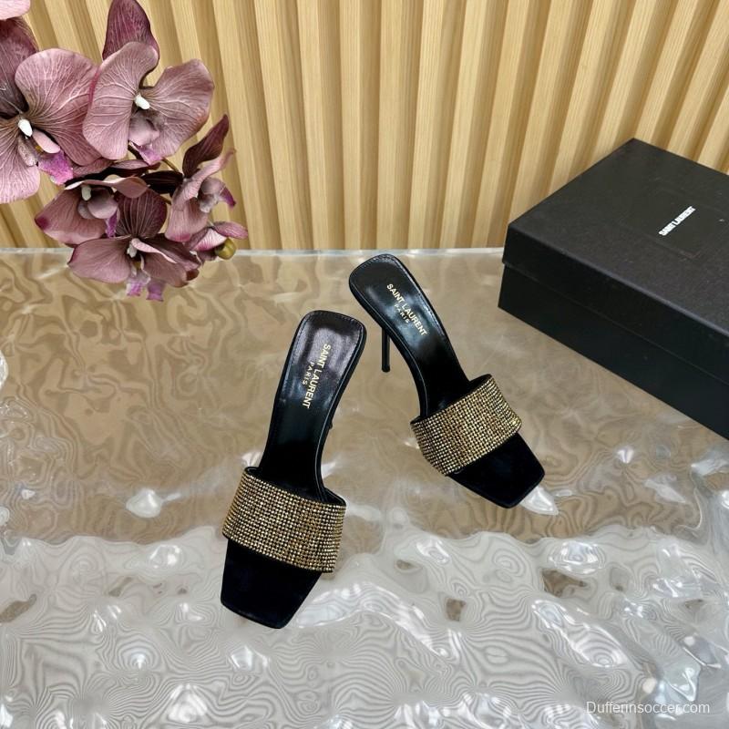 2025 Women Yves Saint Laurent Black Gold Rhinestone Leather High Heel Sandals MJ00300
