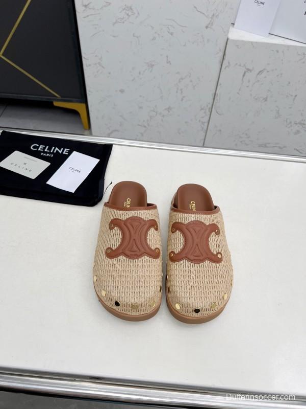 2025 CELINE Beige Leather Raffia Slippers LY00240