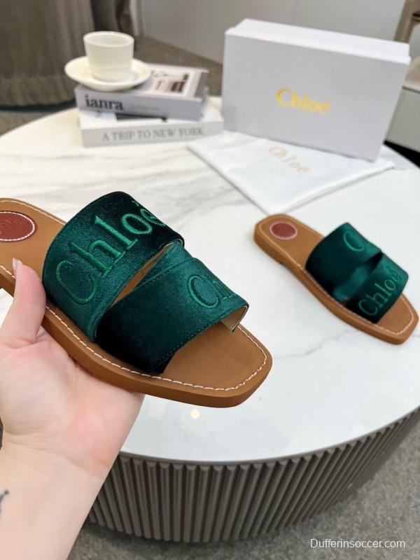 2025 Women Chloé Green Velvet Slippers