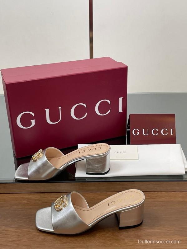 2025 Women Gucci Gold Leather Mules GG Emblem LY00280