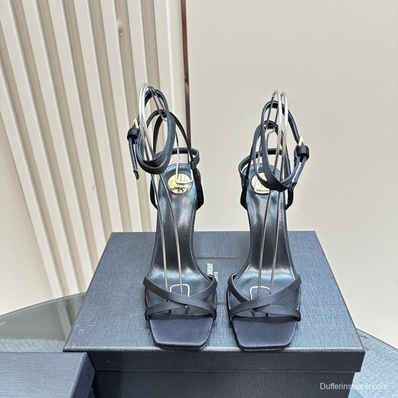 2025 Women Yves Saint Laurent Black Satin High Heel Sandals KFY00290