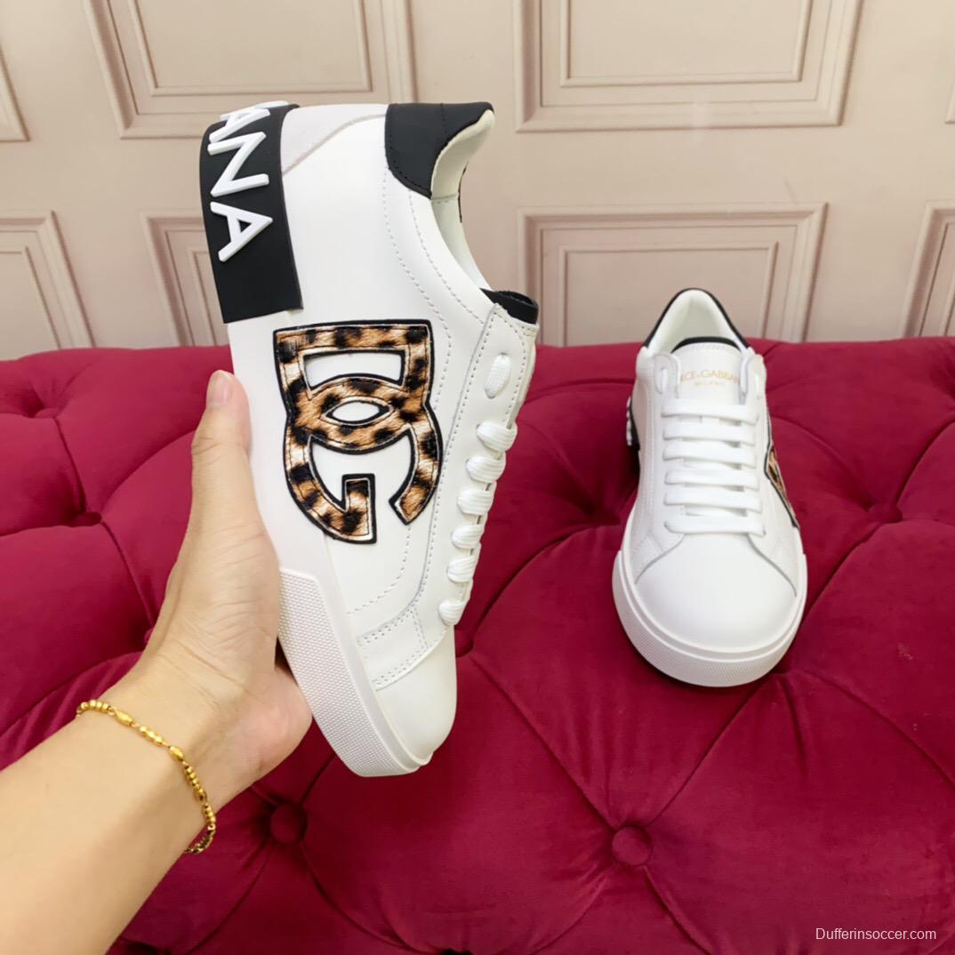 2025 Women Dolce & Gabbana White Leopard Print Leather Sneakers LY00300