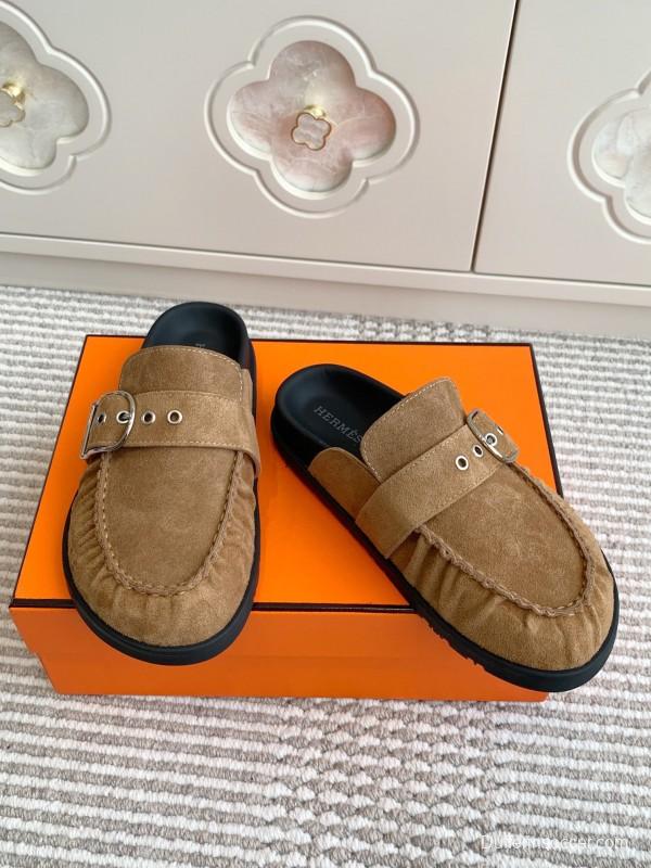2025 Women Hermès Deep Brown Suede Mule Buckle KFY00290