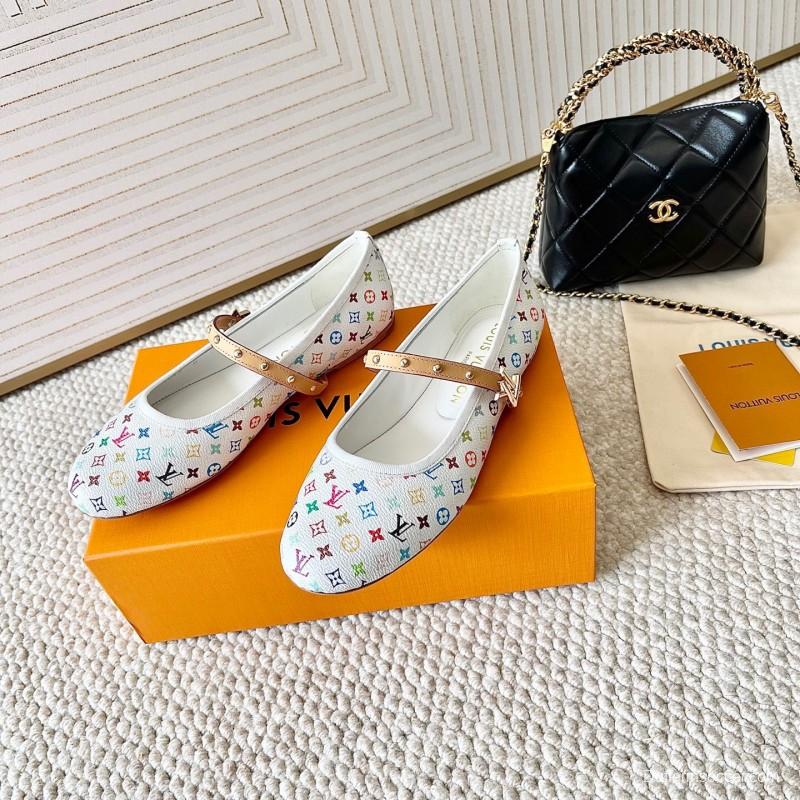 2025 Women Louis Vuitton White Multicolor Leather Ballet Flat