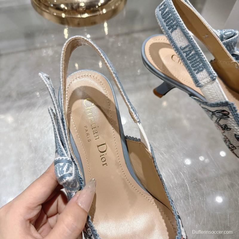 2025 Women Dior Blue Pink Embroidered Fabric Slingback Heels