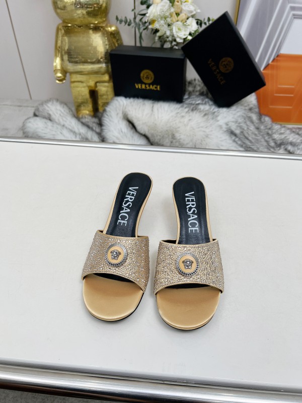 2025 Women VERSACE Gold Silk Rhinestone Heeled Sandals