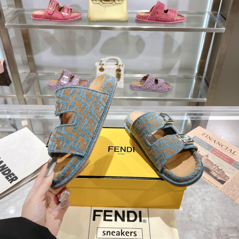 2025 Fendi Blue Beige Fabric Leather Slippers KFY00250