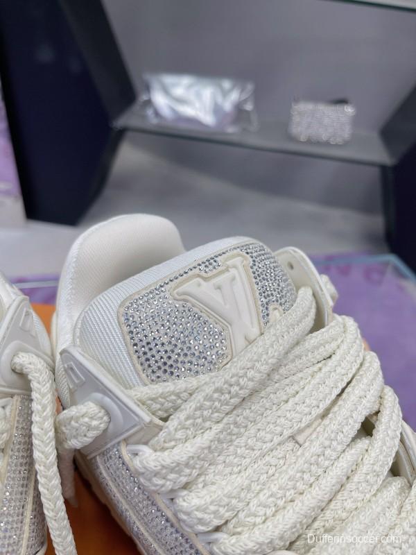 2024 Unisex Louis Vuitton White Silver Leather Trainers Crystal Embellished MJ00430