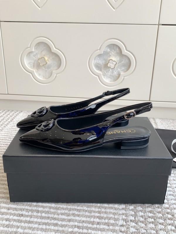 2025 Women Chanel Black Patent Leather Slingback Pumps KFY00300