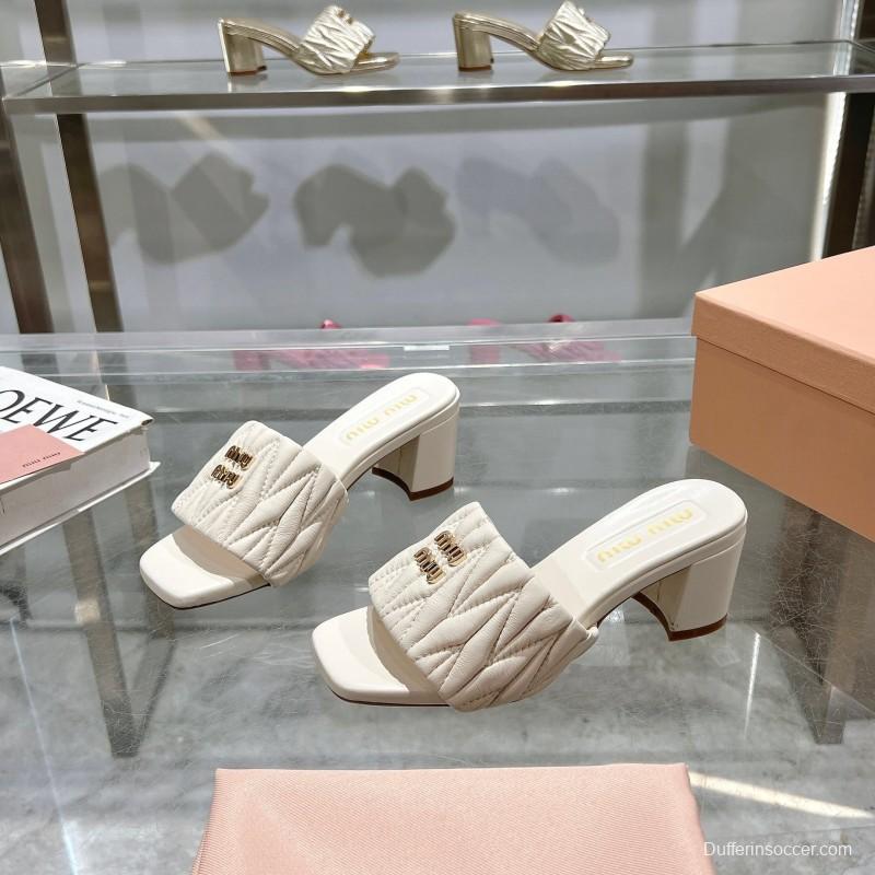2025 Women Miu Miu White Sheepskin Sandals Embroidered KFY00250